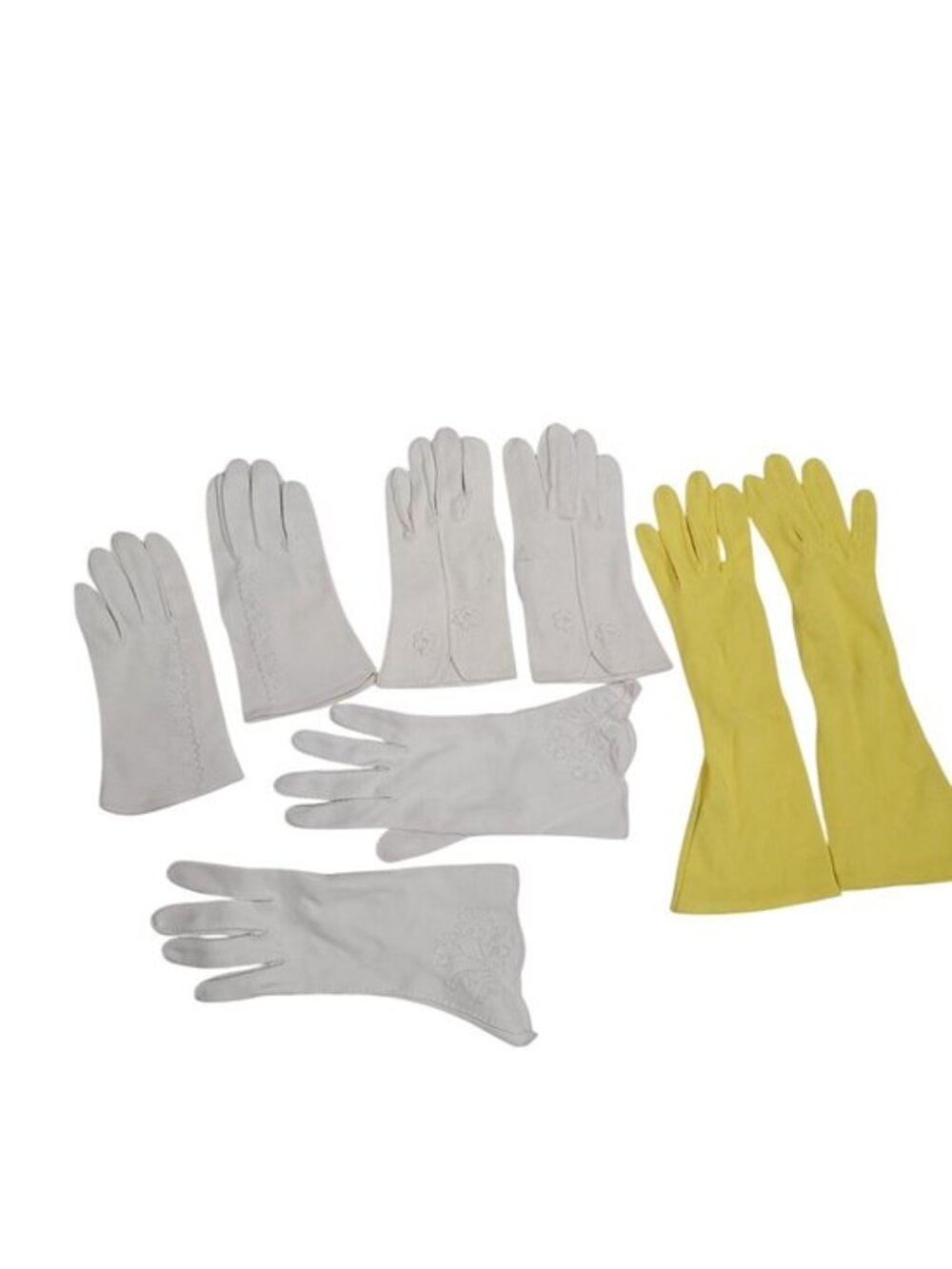 Vintage Glove Lot 4 Pair Assorted White & Yellow Embroidered Details